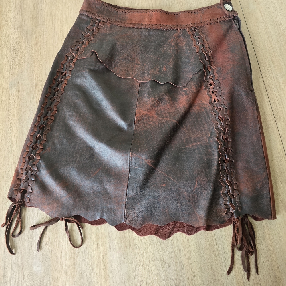 Rustic Leather Mini Skirt with Lace Accents
